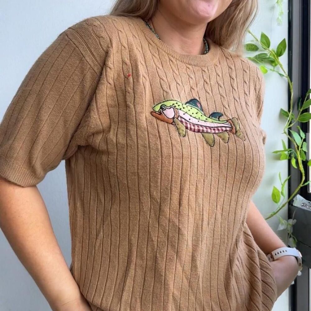 Vintage Bice Upcycled Embroidered Patchwork Fish Short Sleeve Knit Sweater